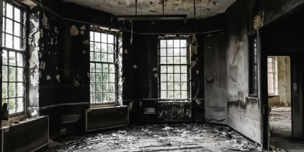 fire damage repair addressing severe interior damage and smoke residue inside a burned home in Indianapolis, IN