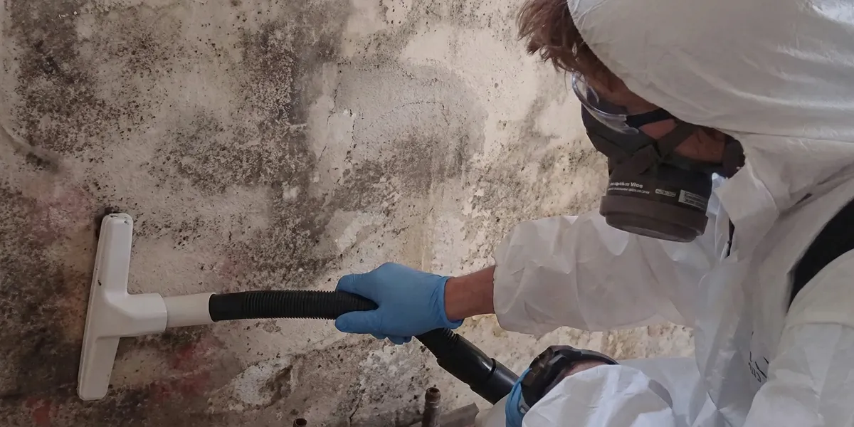 professional mold removal technician wearing protective equipment removing mold from a wall in Indianapolis, IN